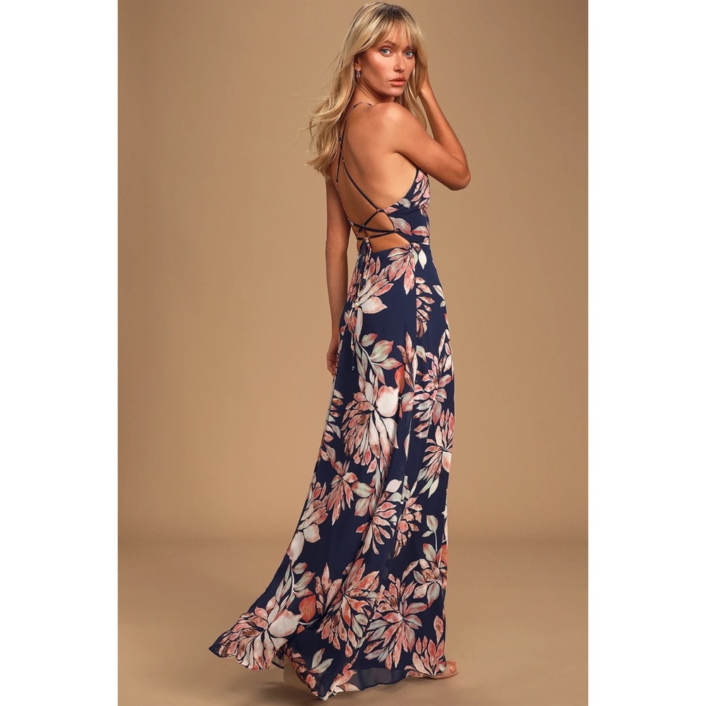 LULUS ADVENTURE SEEKER NAVY BLUE FLORAL MAXI DRESS SIZE SMALL